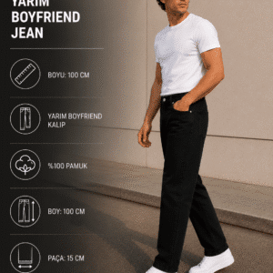 Erkek Boyfriend Kot Pantolon Siyah Bol Rahat Kesim Denim Jean