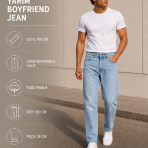 Erkek Boyfriend Kot Pantolon Açık Mavi Bol Rahat Kesim Denim Jean