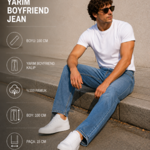 Erkek Boyfriend Kot Pantolon Orta Mavi Bol Rahat Kesim Denim Jean
